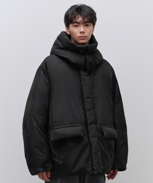 ノンキルティングフーディッドダウンジャケット[ブラック]（ダウン
