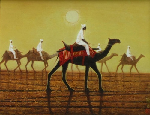 平山郁夫作品【朝陽砂漠らくだ行】の買取・査定はミライカ美術にお任せ