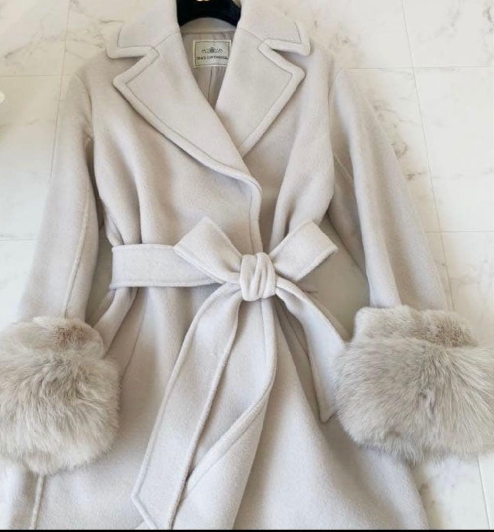 グレースコンチネンタル ベルテッドコート ブルーフォックス ファー 36