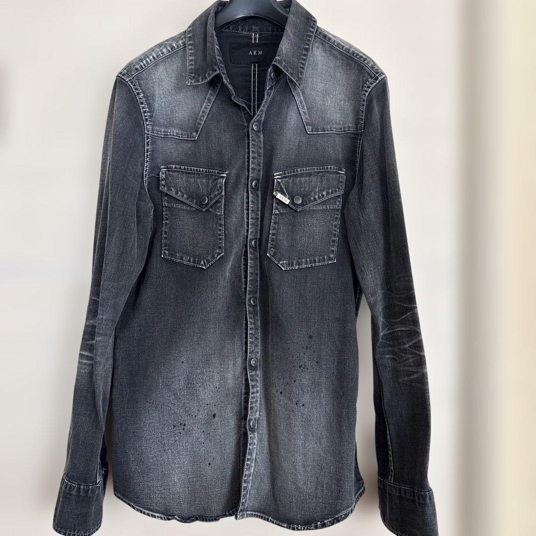 AKM グレー デニムシャツ AKM】DENIM DROP SHOULDER DENIM SHIRTS -BLACK HARD USED- | AKM