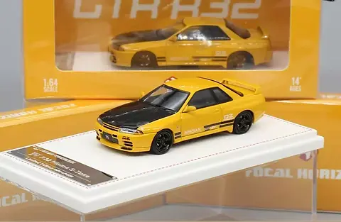NISSAN SKYLINE GT-R R32 S TUNE YELLOW HOOD OPENS 1/64 DIECAST CAR