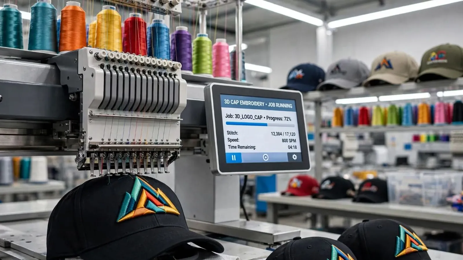 Embroidery machine stitching a 3D logo on a black cap