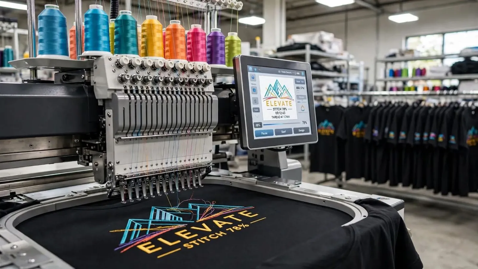 Embroidery machine stitching a logo on a black t-shirt